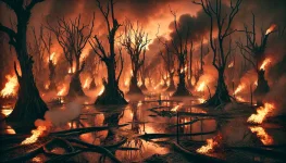 DALL·E 2024-10-15 13.25.25 - A dramatic scene of a blazing swamp at dusk. The swamp is dense ...webp