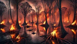 DALL·E 2024-10-15 13.25.33 - A dramatic scene of a blazing swamp at dusk. The swamp is dense ...webp